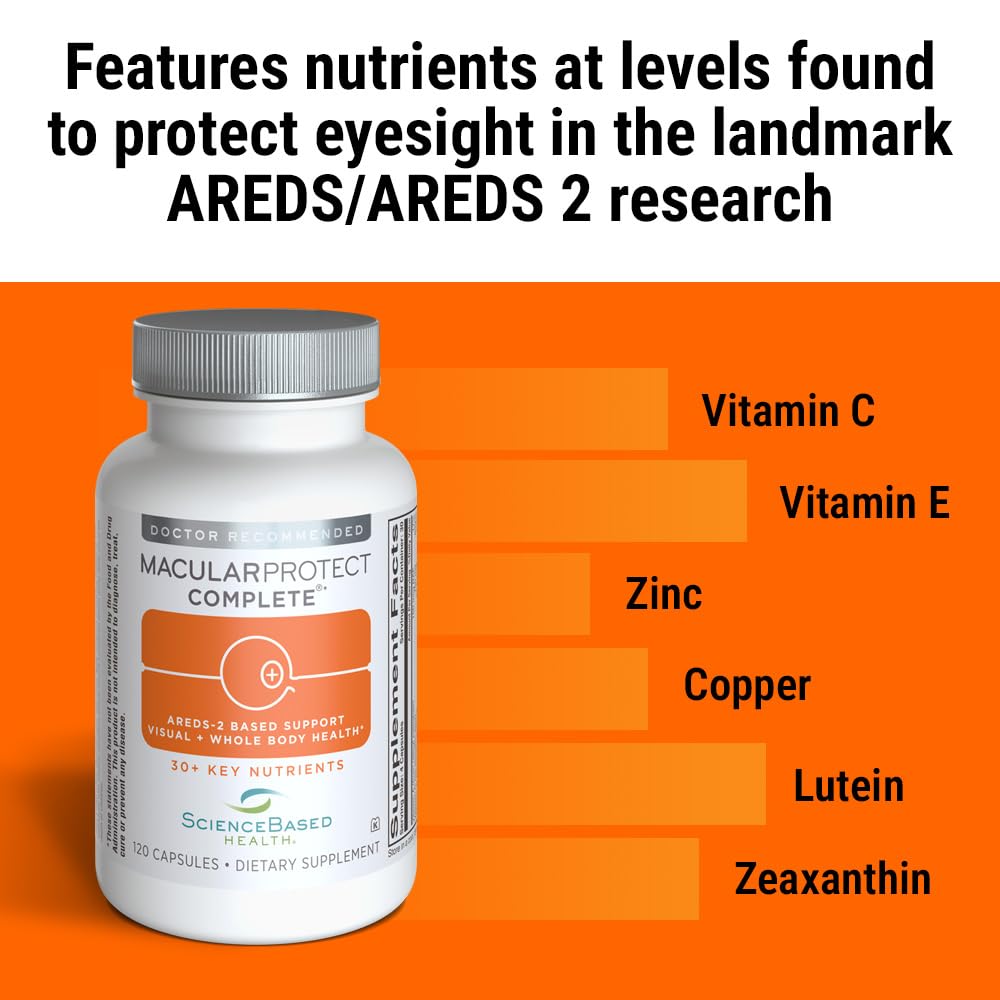 ScienceBased Health MacularProtect Complete capsules closeup highlighting easy daily use.