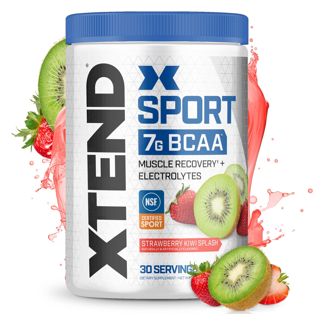 Scivation XTEND Sport BCAA powder in Strawberry Kiwi Splash viewed in a glass for workout hydration