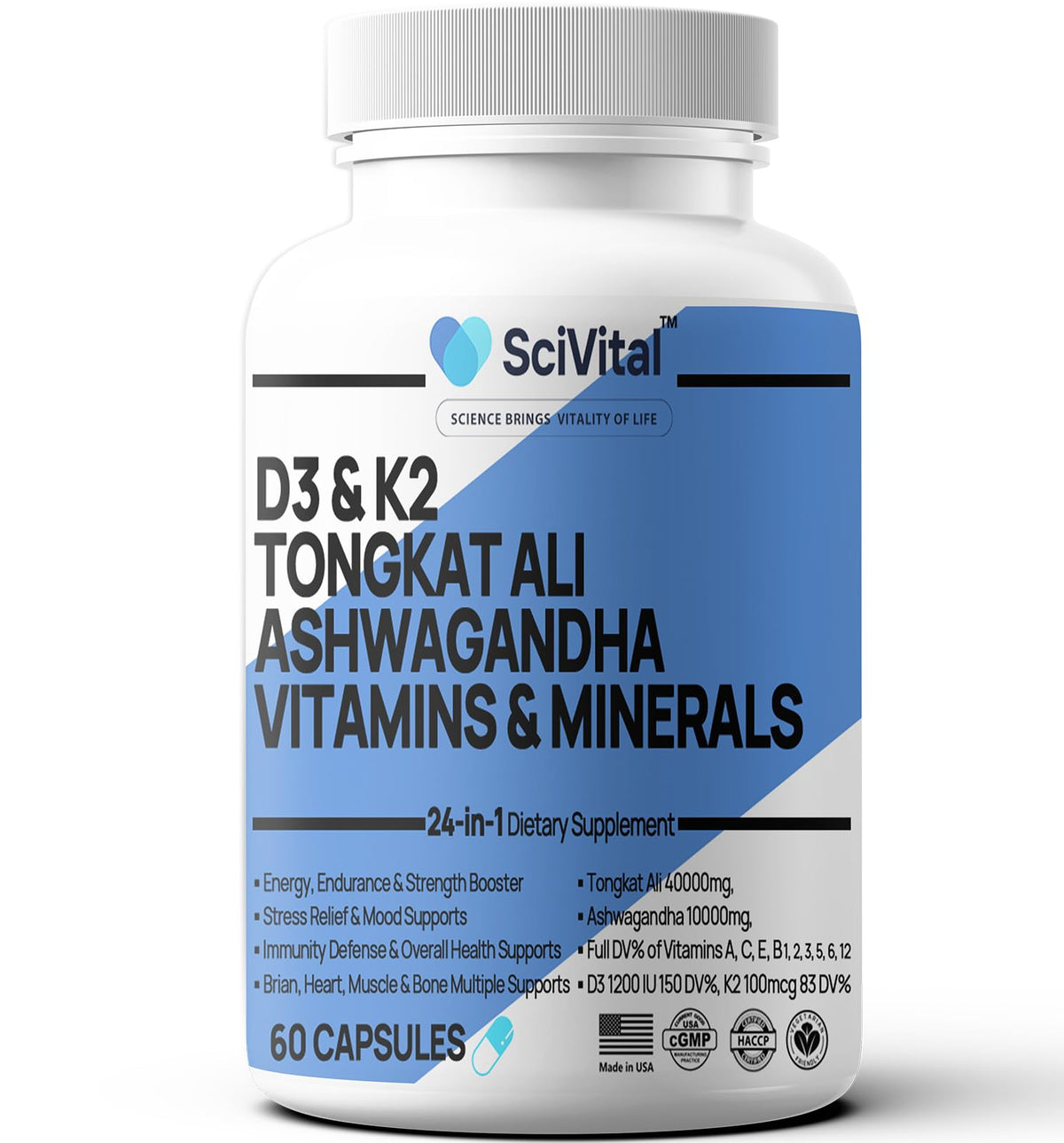 SciVital Ashwagandha-Tongkat Ali bottle on a wooden table for daily energy support