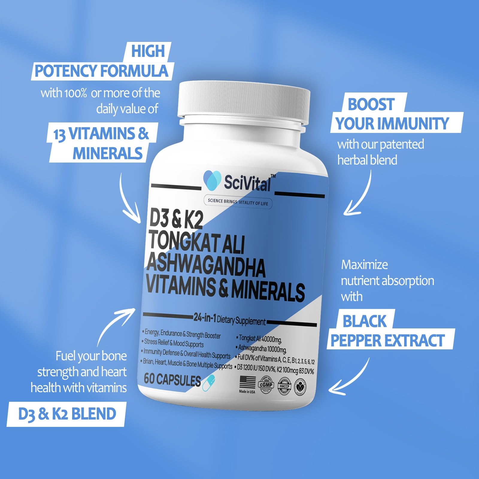 SciVital label close-up showing D3 and K2 for overall wellness