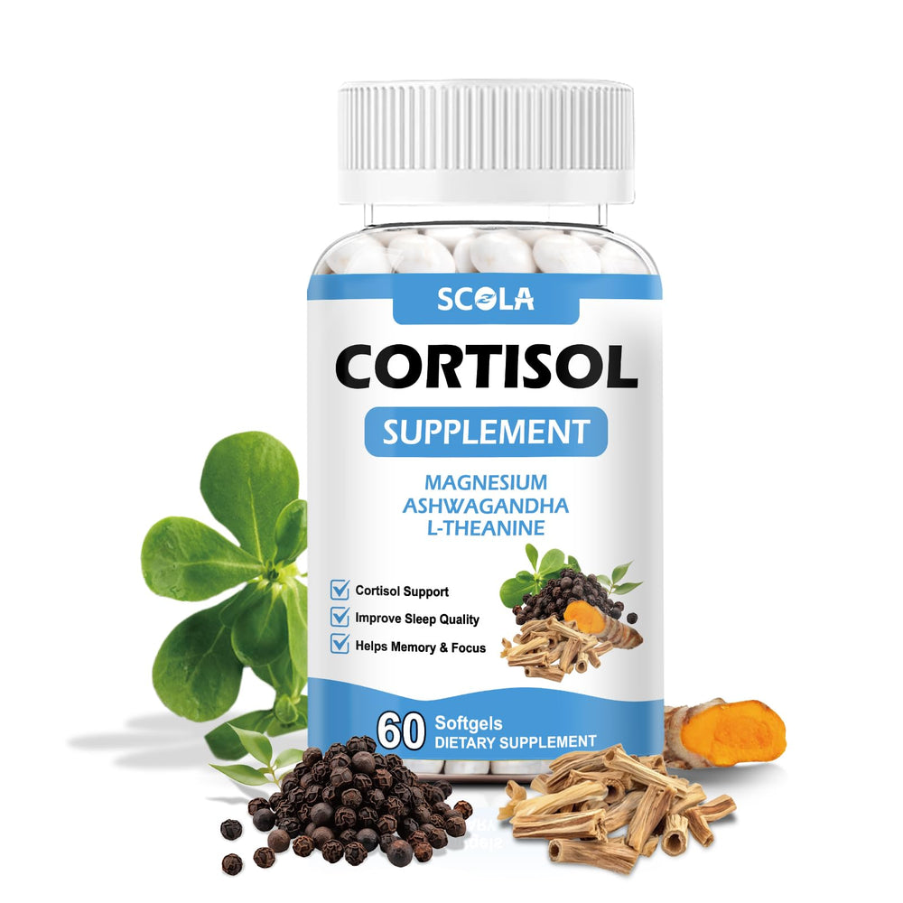 SCOLA cortisol softgels bottle for daily stress support and calm.