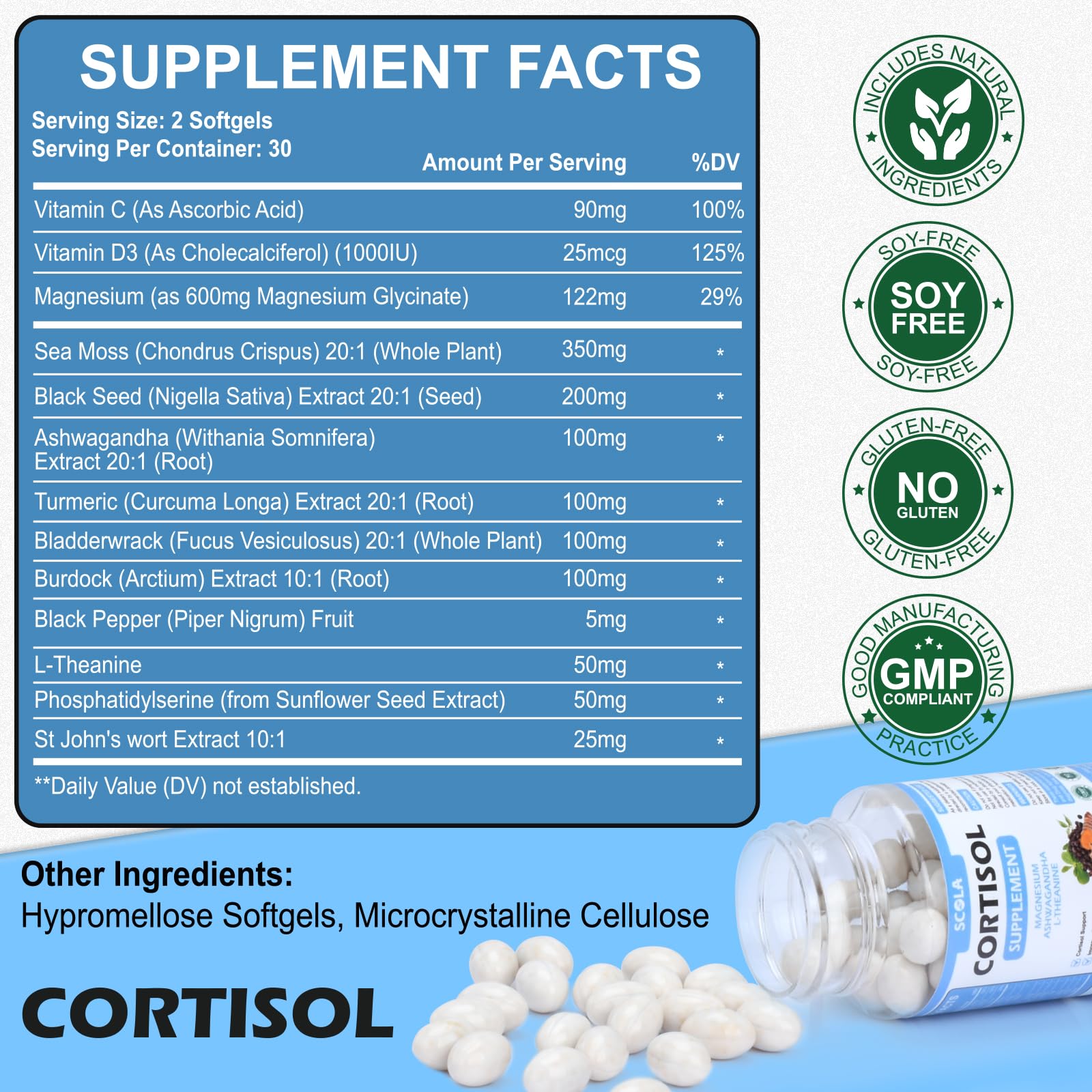 SCOLA daily-use scene with softgels and glass of water.
