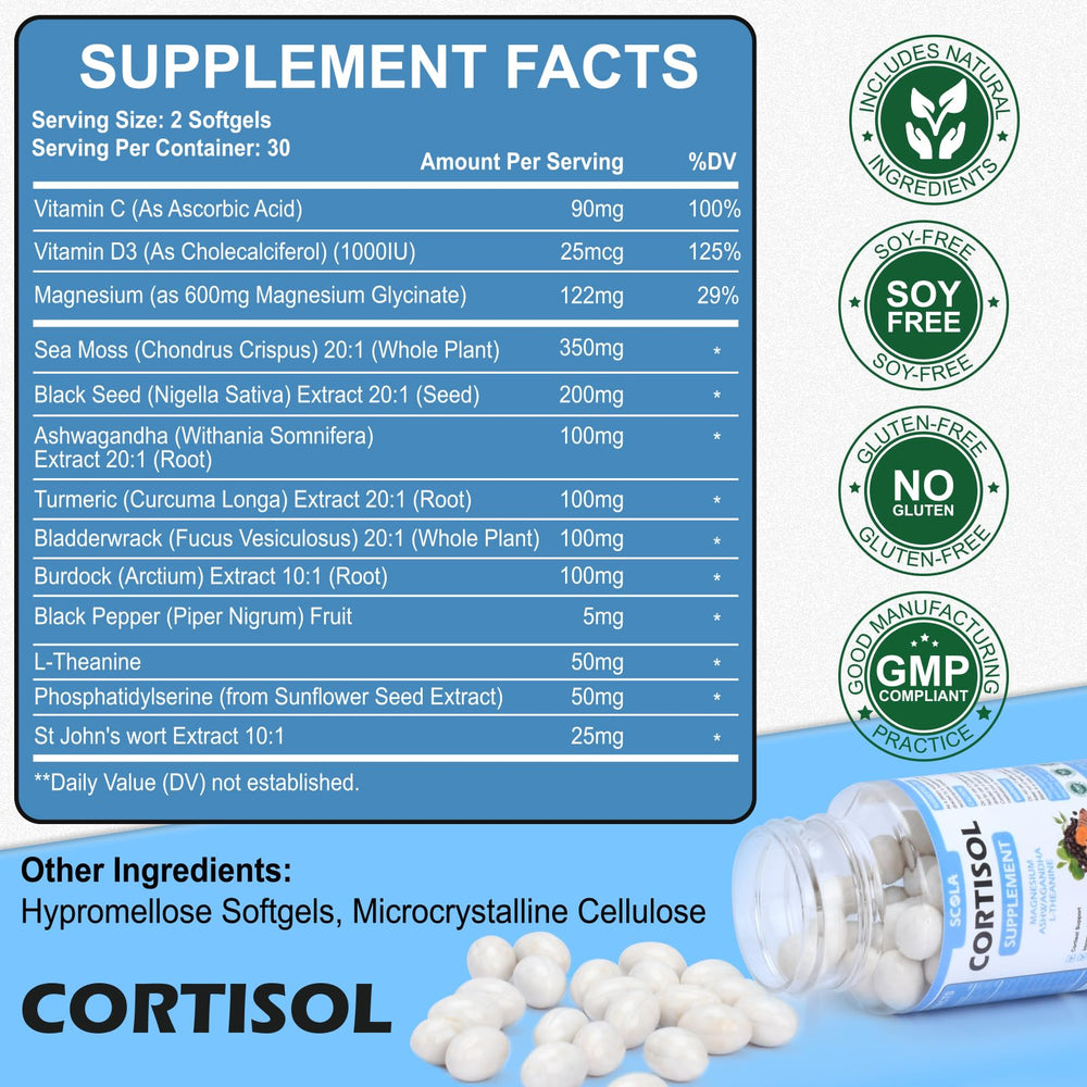 SCOLA daily-use scene with softgels and glass of water.