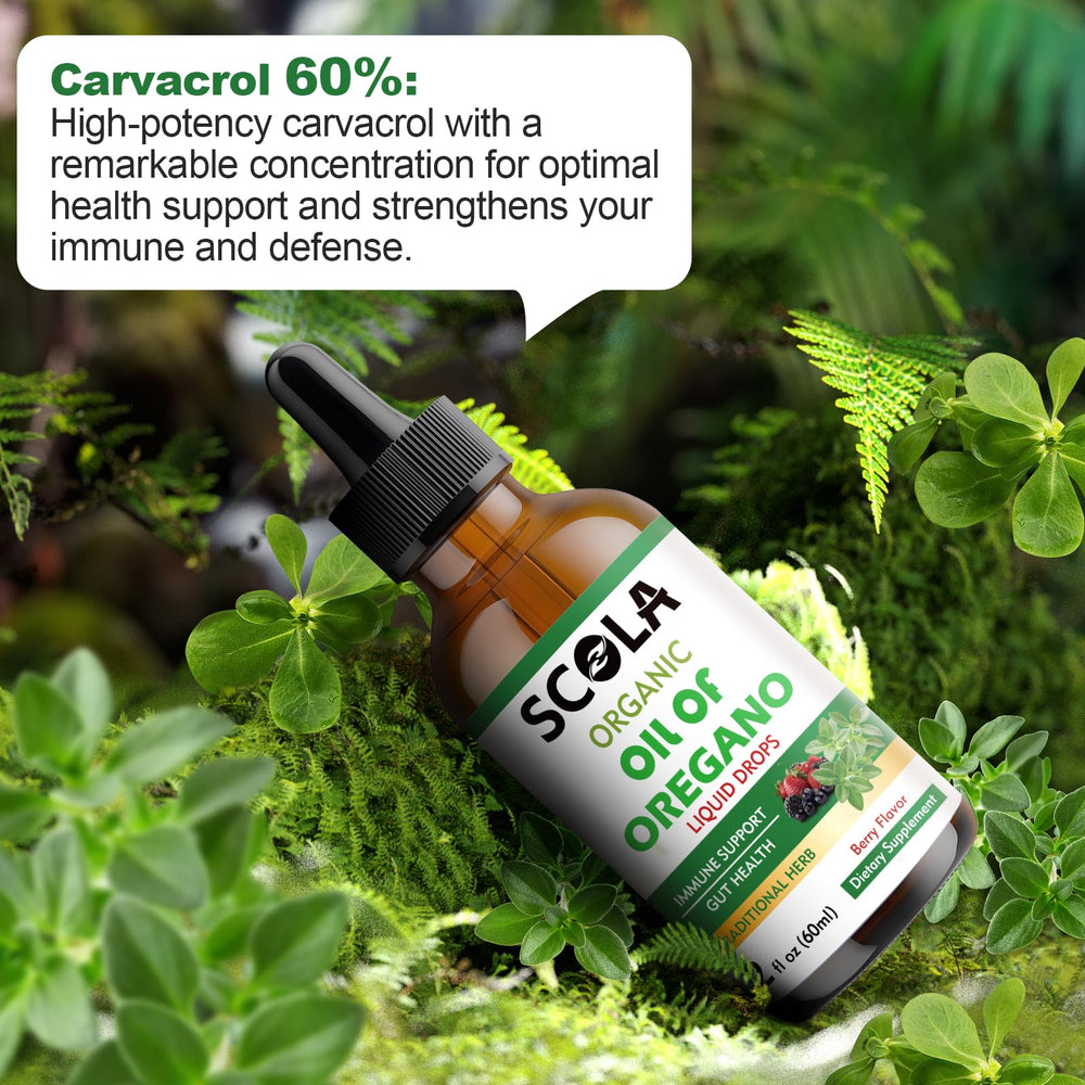 SCOLA oregano oil dropper showing dosage guidance for adults