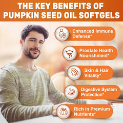 SCOLA pumpkin seed oil with saw palmetto illustration highlighting omega fatty acids