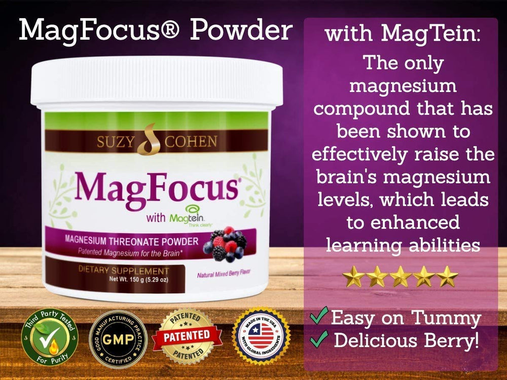 Script Essentials MagFocus bottle label highlights Magtein and Albion minerals for wellness.