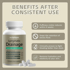 Sculptique Lymphatic Drainage Capsules closeup of capsules and active extracts for gentle daily support.