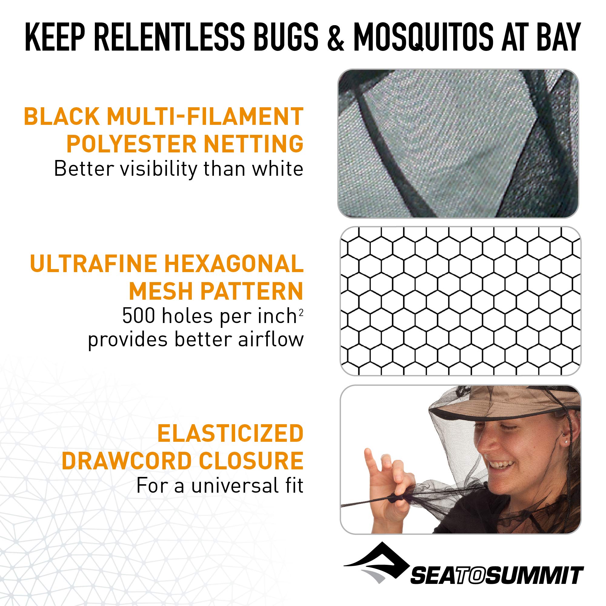 Sea to Summit head net close-up shows hex mesh and airflow