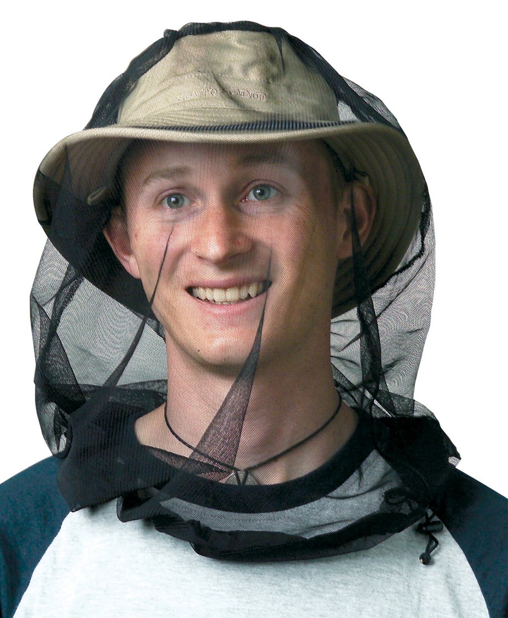 Sea to Summit head net worn over a hat for insect protection outdoors