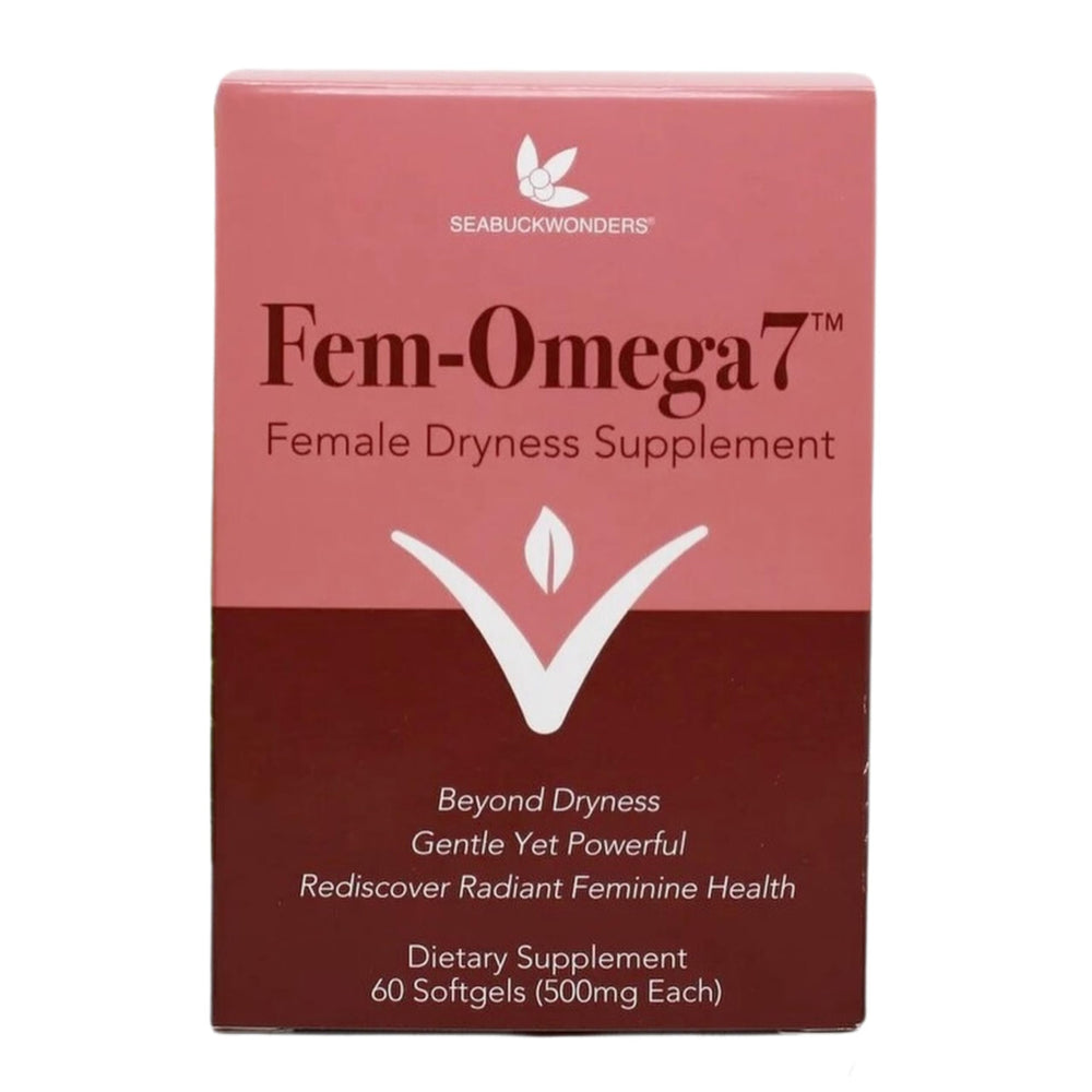 SEABUCKWONDERS Fem-Omega7 bottle front showing organic formula for vaginal moisture