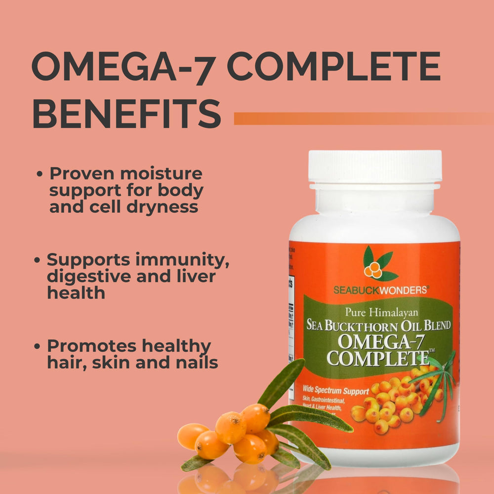 SeabuckWonders Omega-7 softgels close-up showing a 1000mg serving.