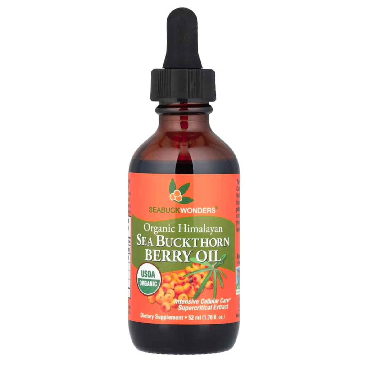 SeabuckWonders sea buckthorn berry oil bottle on a neutral backdrop, omega-7 rich for skin support.