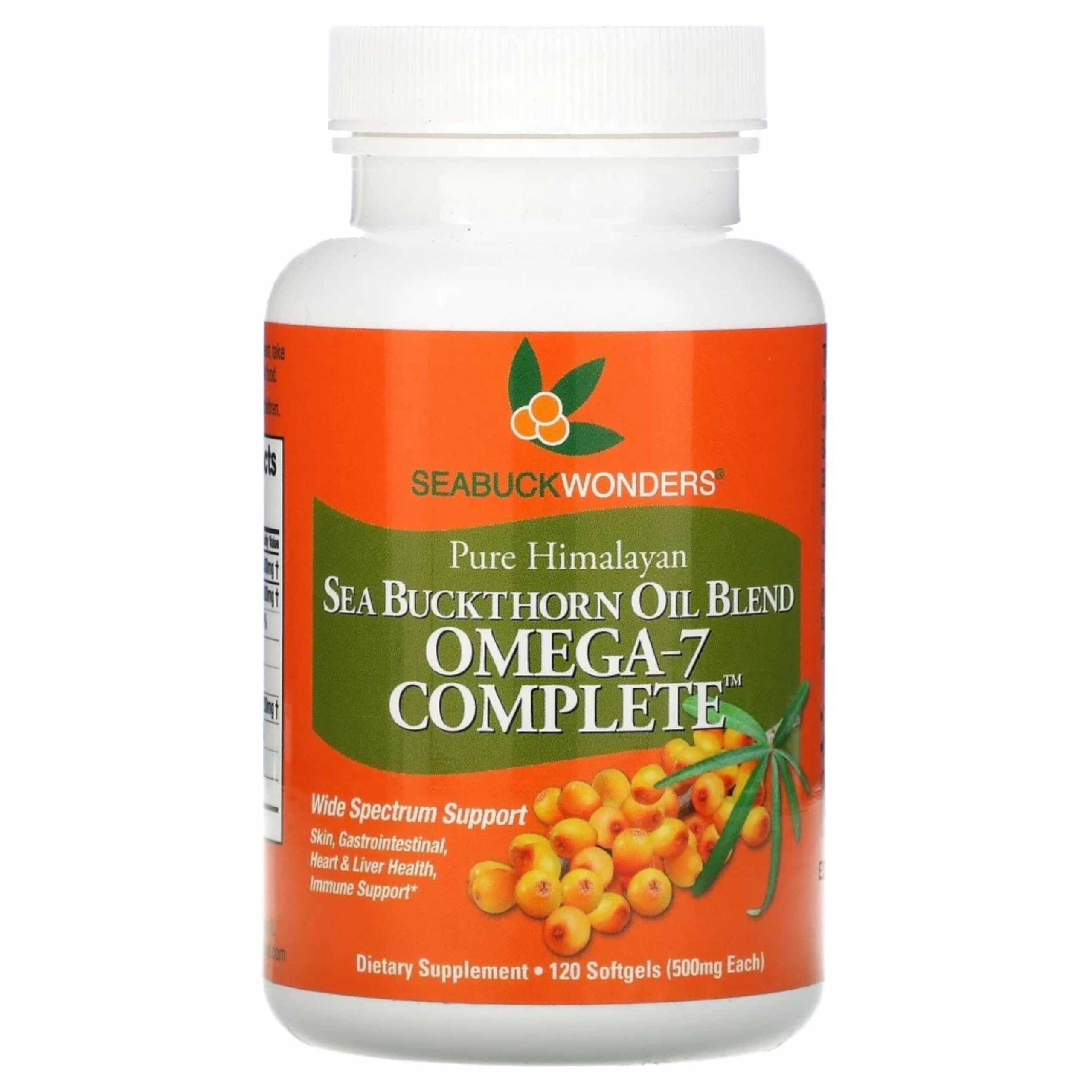 SeabuckWonders Sea Buckthorn Oil bottle highlighting omega-7 for skin health.