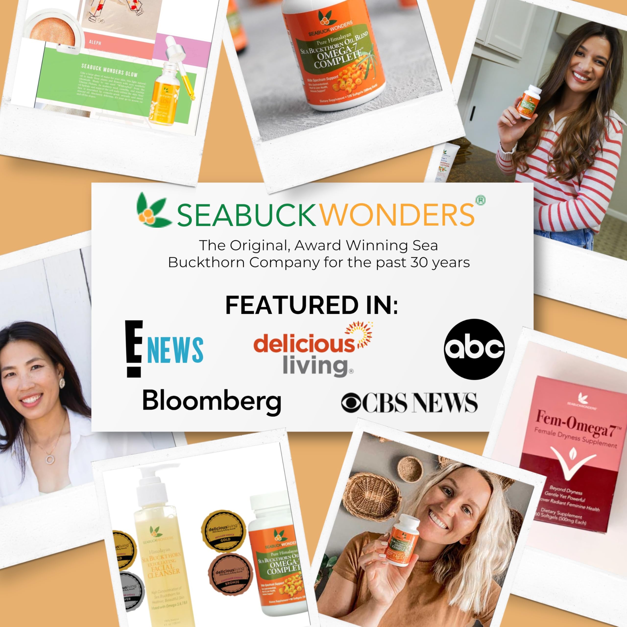 SEABUCKWONDERS bottle next to a skincare routine for healthier skin, hair and nails.