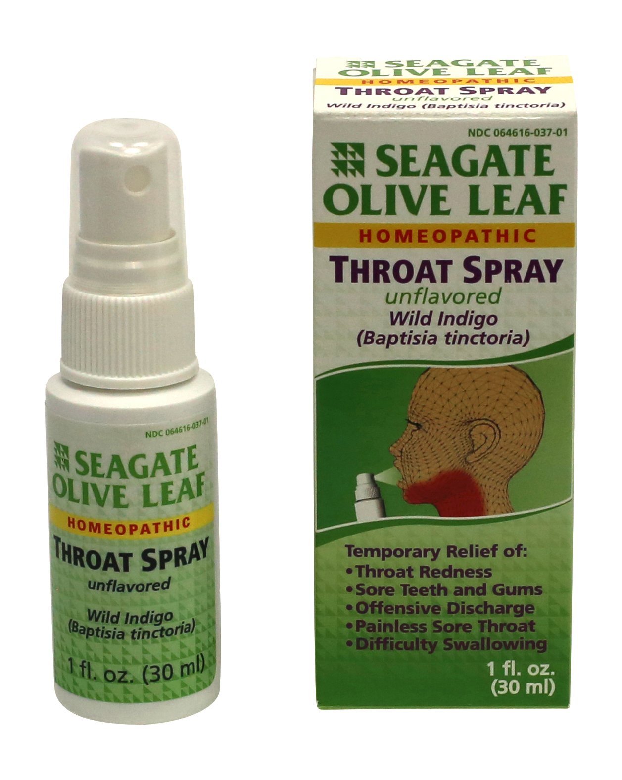 Seagate Olive Leaf Throat Spray bottle offers unflavored, natural throat comfort.
