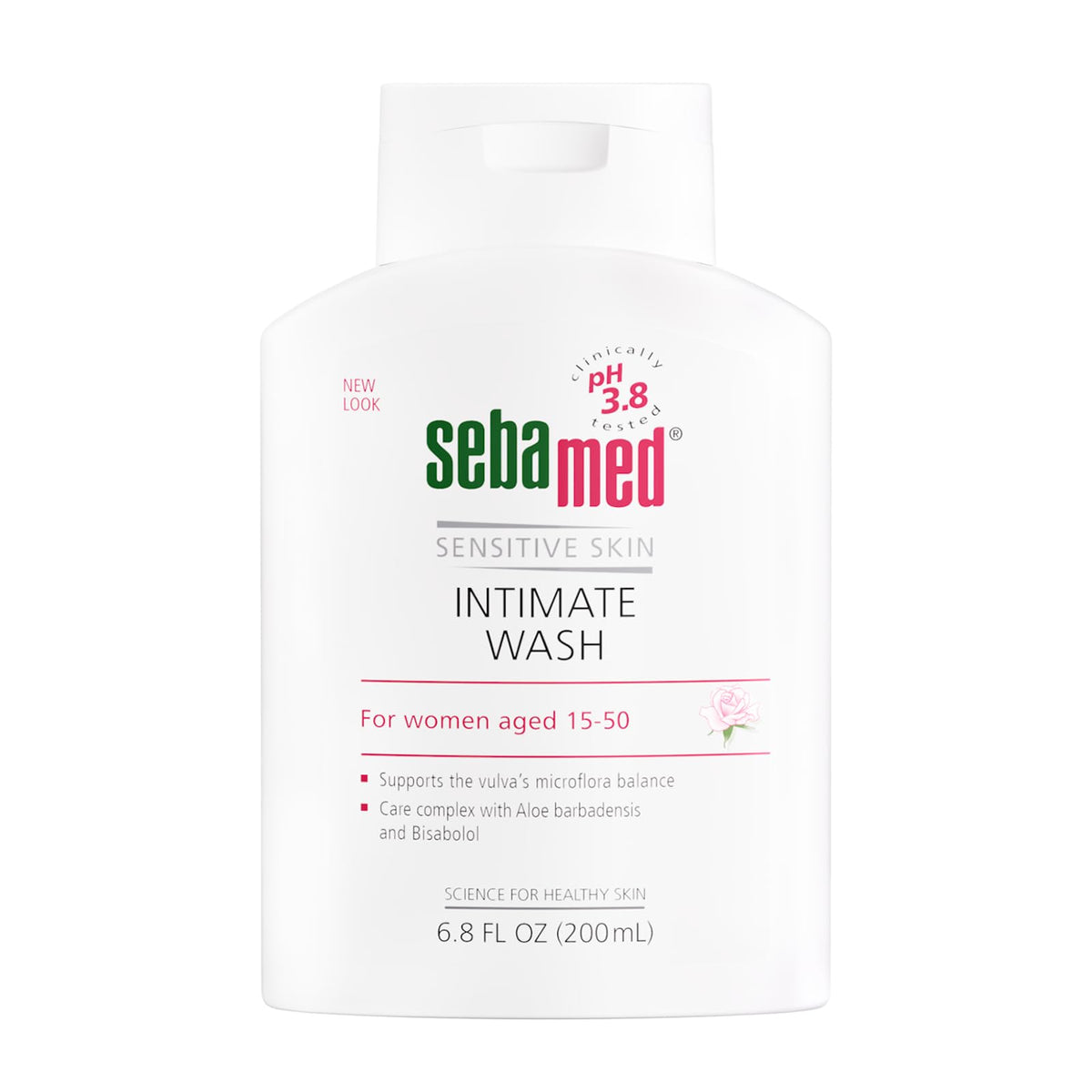 SEBAMED Feminine Wash bottle shows pH 3.8 for daily gentle cleansing