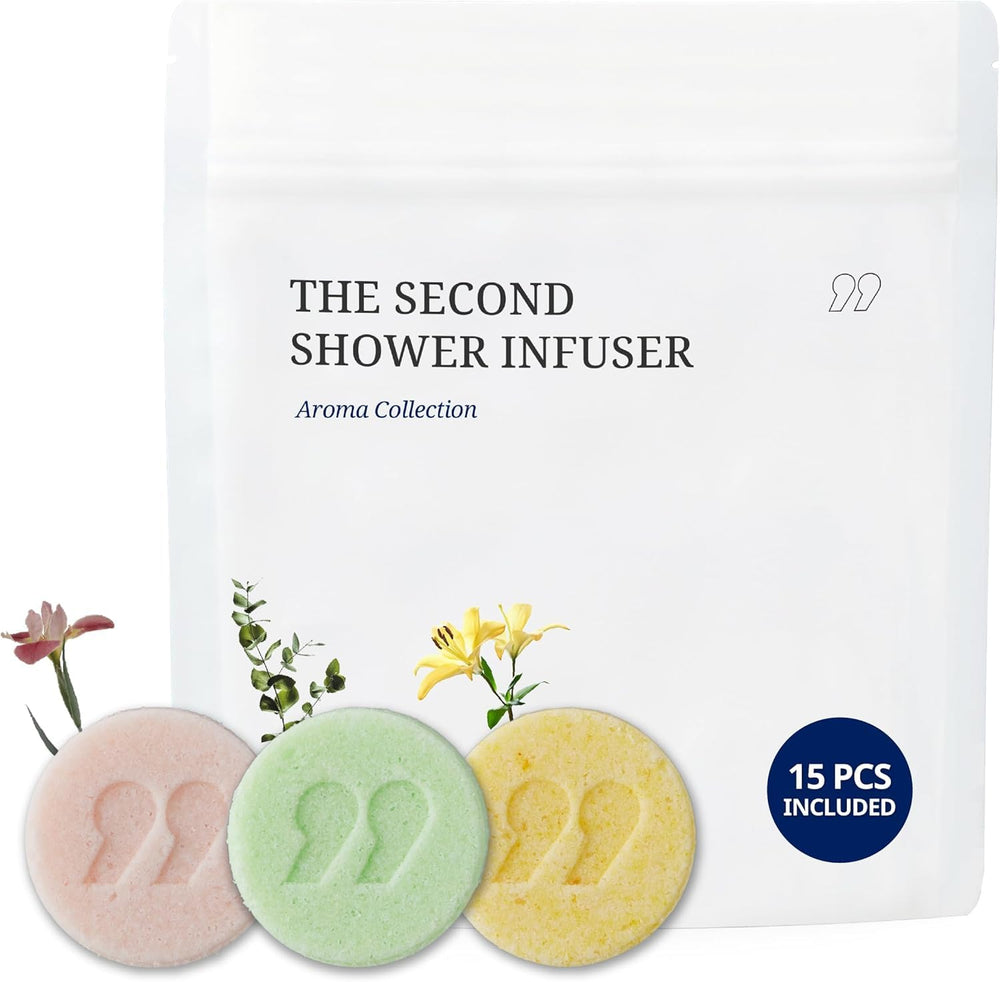 SecondShower infuser set close-up showing aroma pods ready to activate a calming shower.