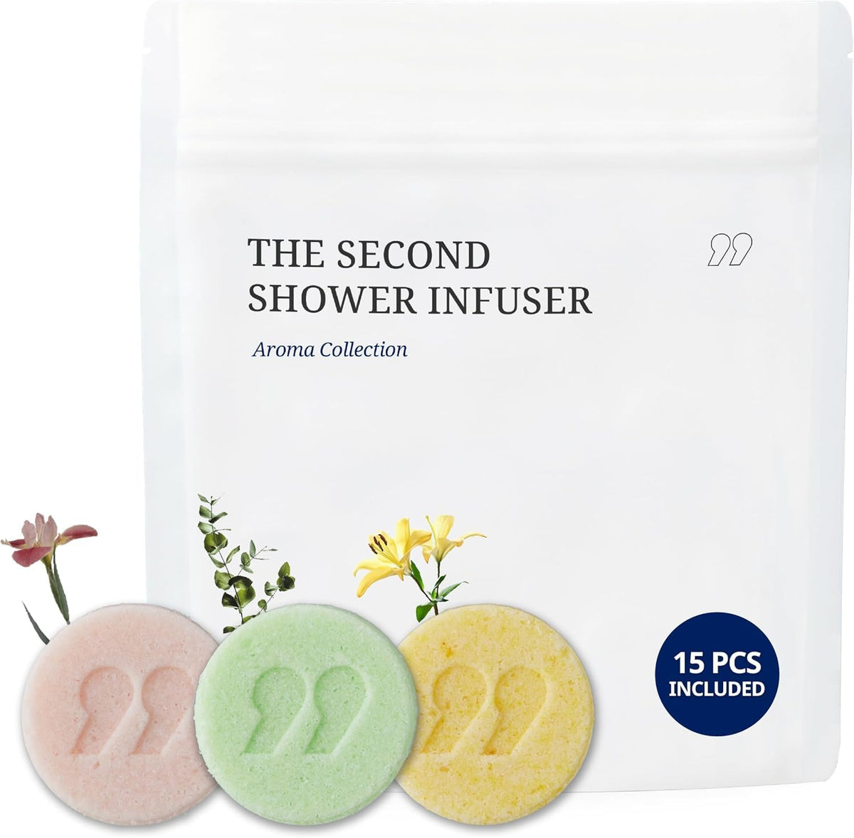SecondShower infuser set close-up showing aroma pods ready to activate a calming shower.