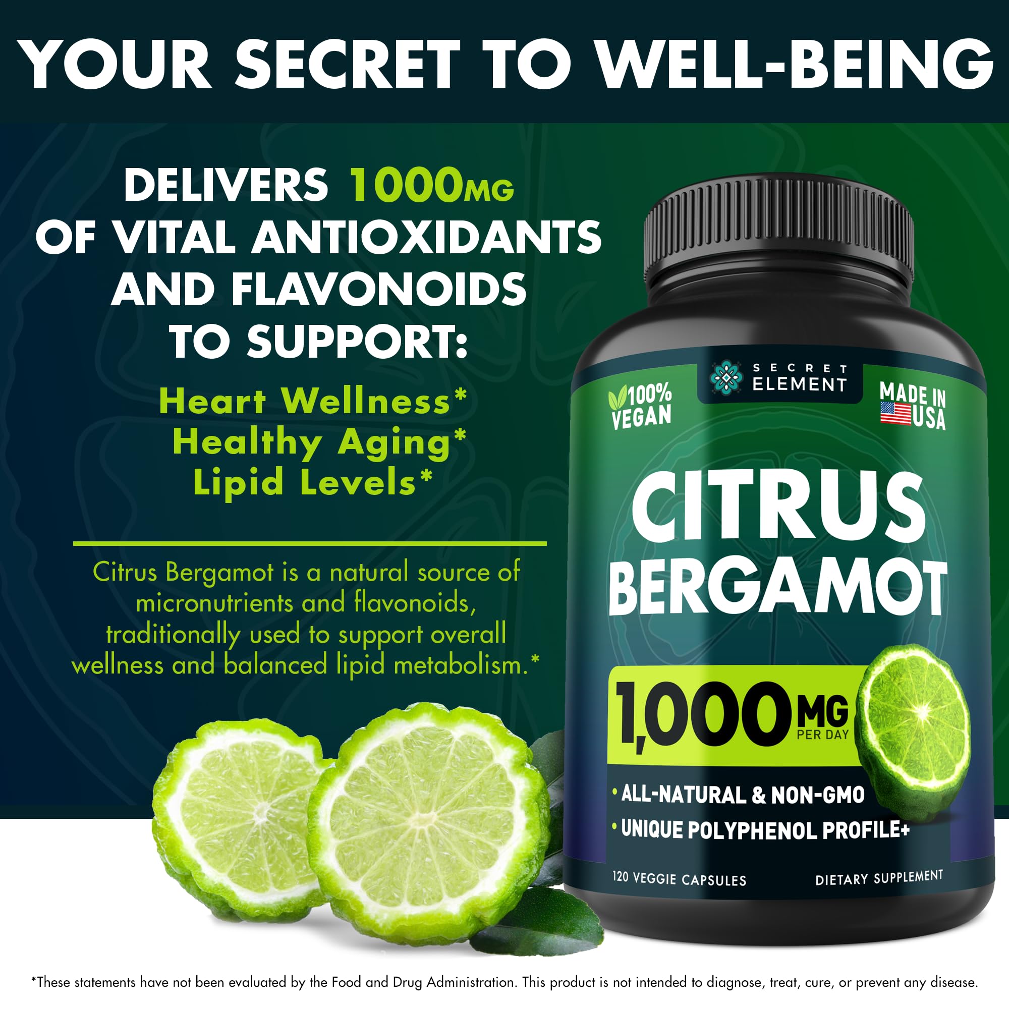 Secret Element bergamot capsules close-up highlighting the 1000 mg dose.