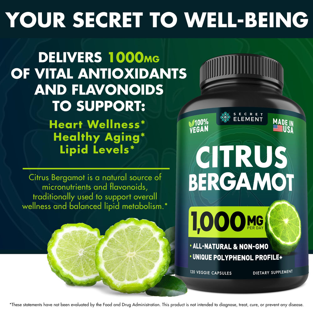 Secret Element bergamot capsules close-up highlighting the 1000 mg dose.