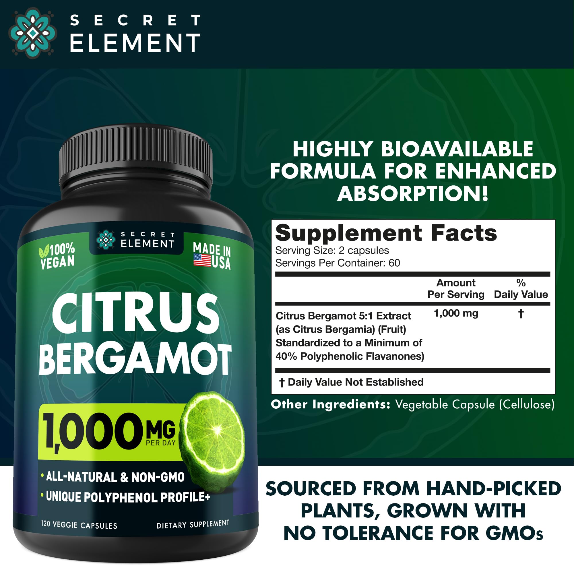 Secret Element Citrus Bergamot label closeup emphasizing clean, pure bergamot extract