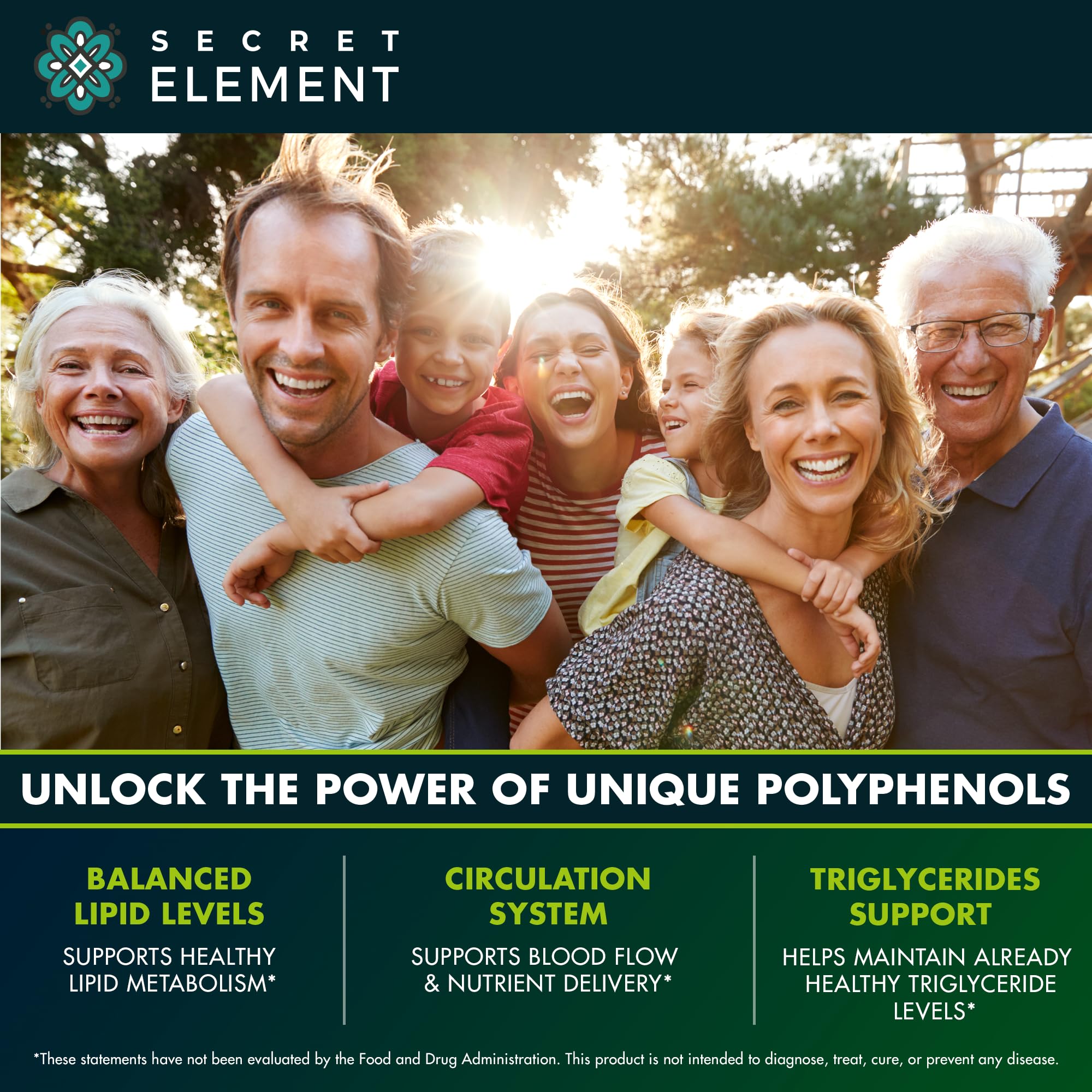 Secret Element heart wellness graphic accents potential circulatory health benefits.