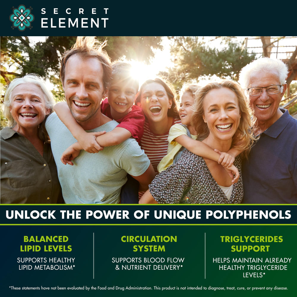 Secret Element heart wellness graphic accents potential circulatory health benefits.