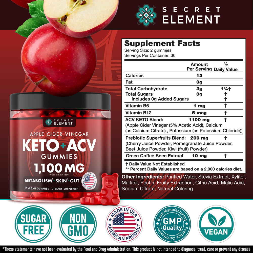 Secret Element Keto ACV Gummies on a kitchen counter beside a glass of water