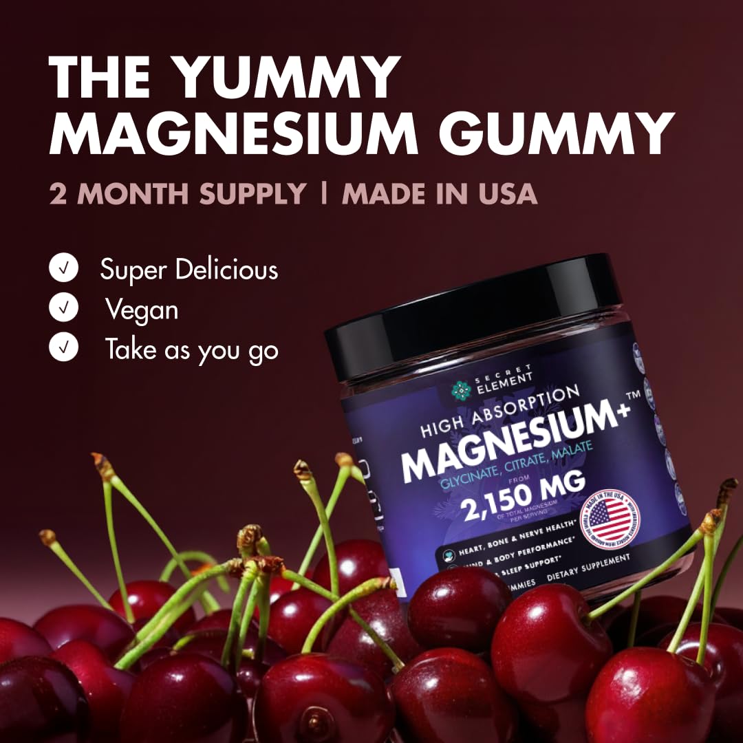 Secret Element Magnesium Gummies jar closeup showing chewy texture for easy daily intake
