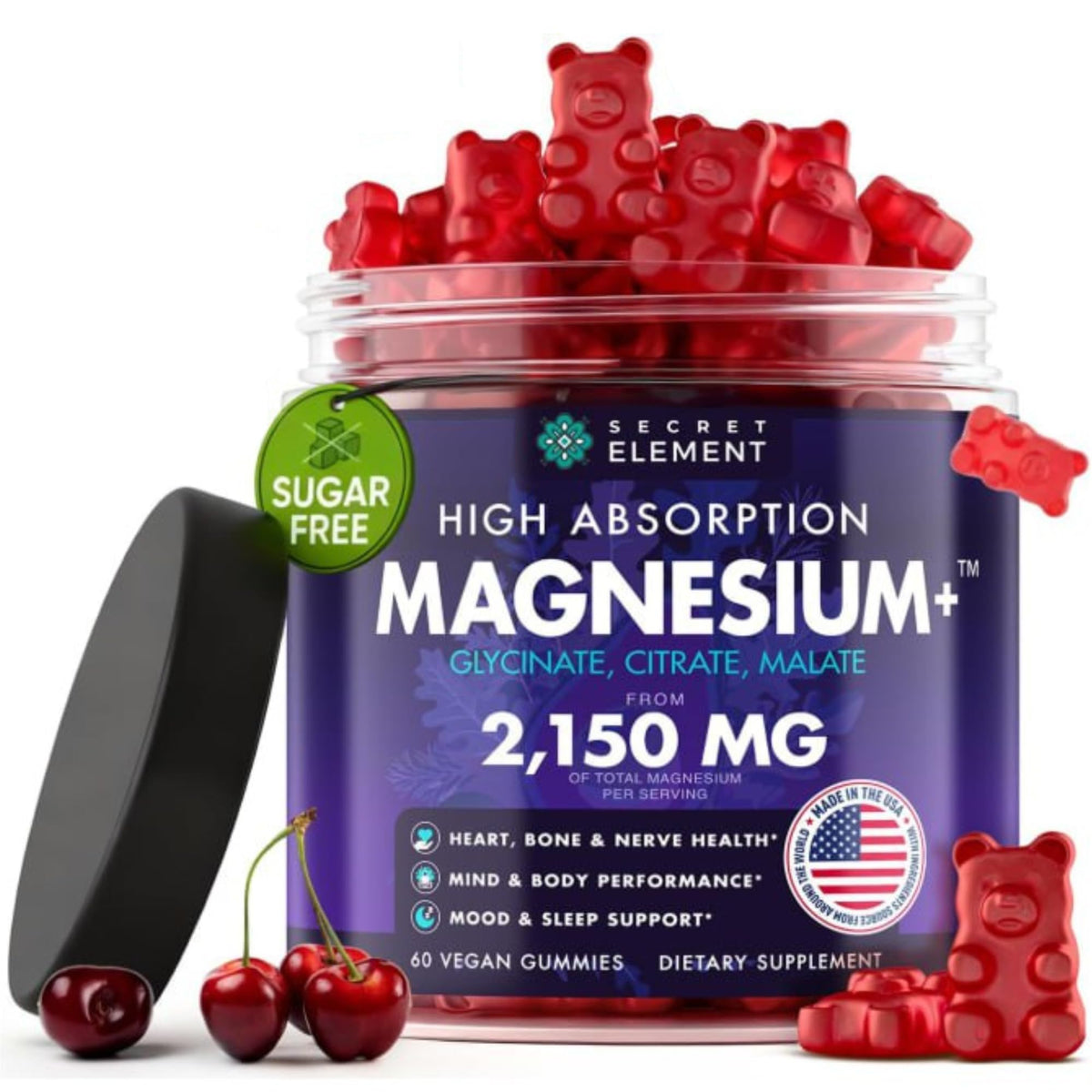 Secret Element Magnesium Gummies jar front with cherry flavor for daily wellness