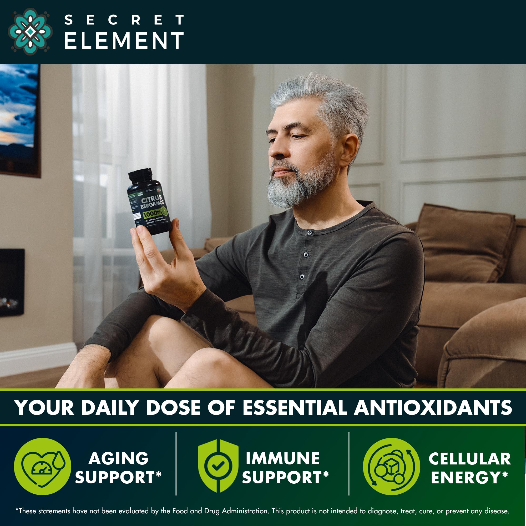 Secret Element polyphenol 40 percent label on bottle communicates standardized content.