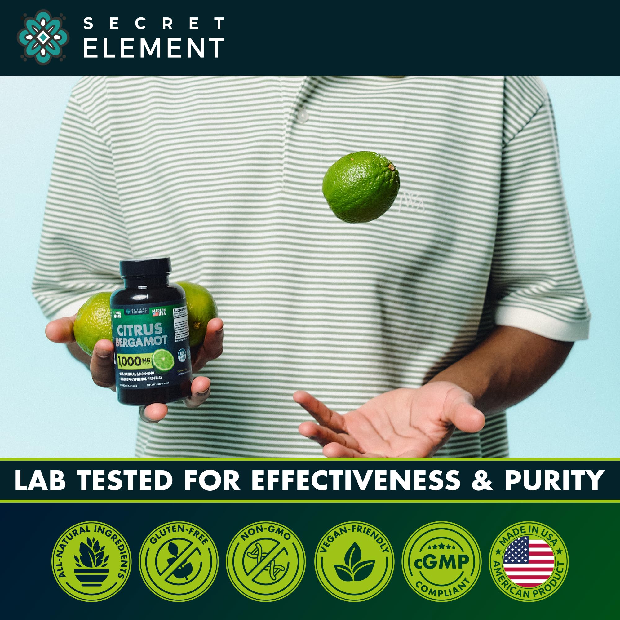 Secret Element purity-clean label highlights natural bergamot extract.
