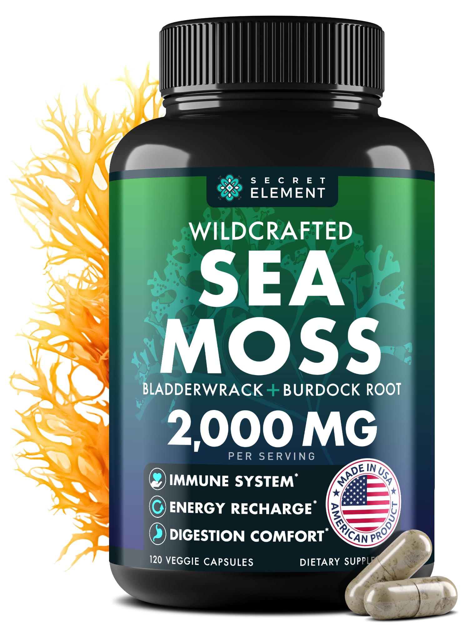 Secret Element Sea Moss capsules bottle being poured for daily energy support