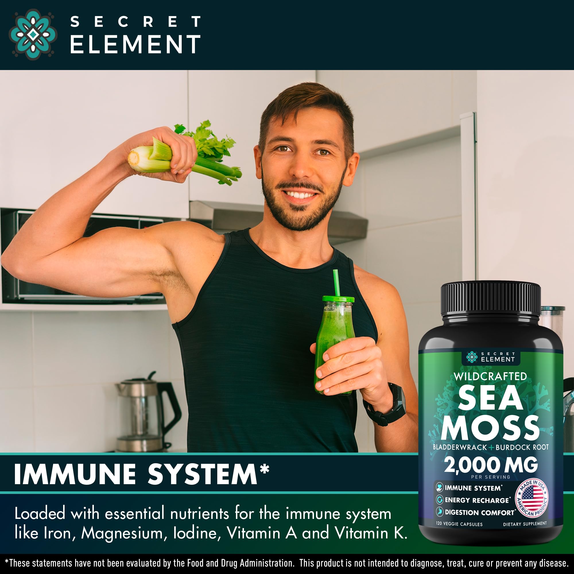 Secret Element sea moss capsules ingredients featuring bladderwrack for balanced nutrients