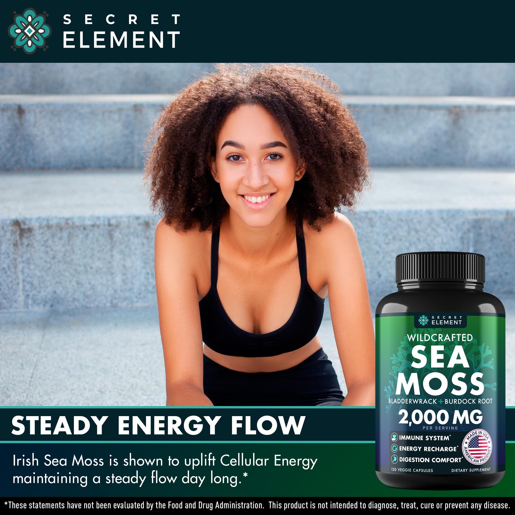 Burdock root and bladderwrack blend in Secret Element sea moss capsules