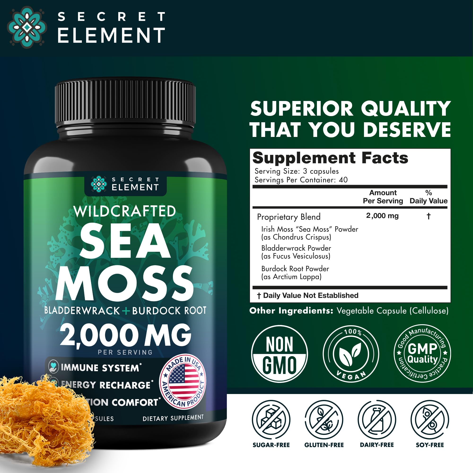 Texture of Secret Element sea moss capsules showing powder inside
