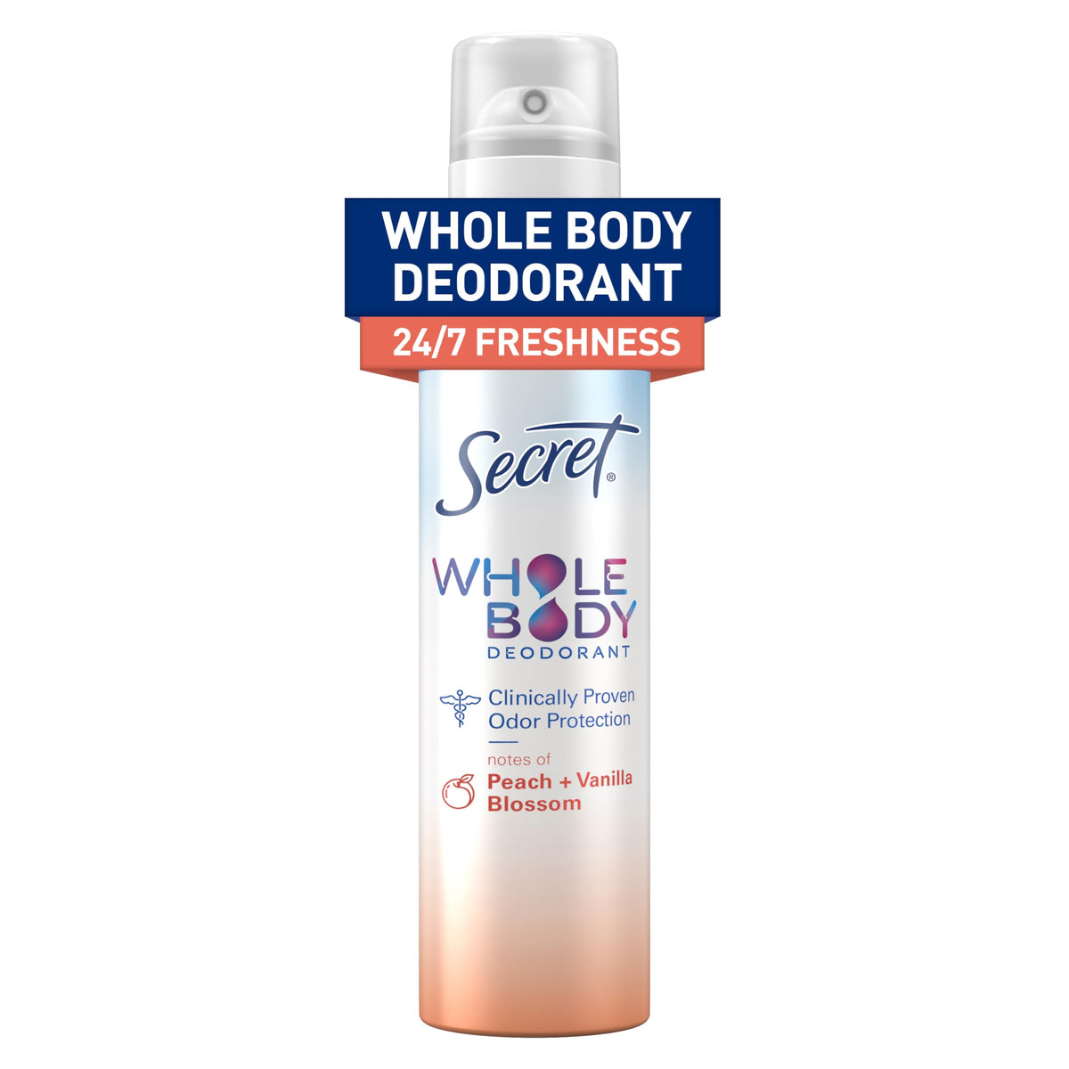 Secret PENDING Peach and Vanilla body spray bottle on a clean tray for everyday scent boost