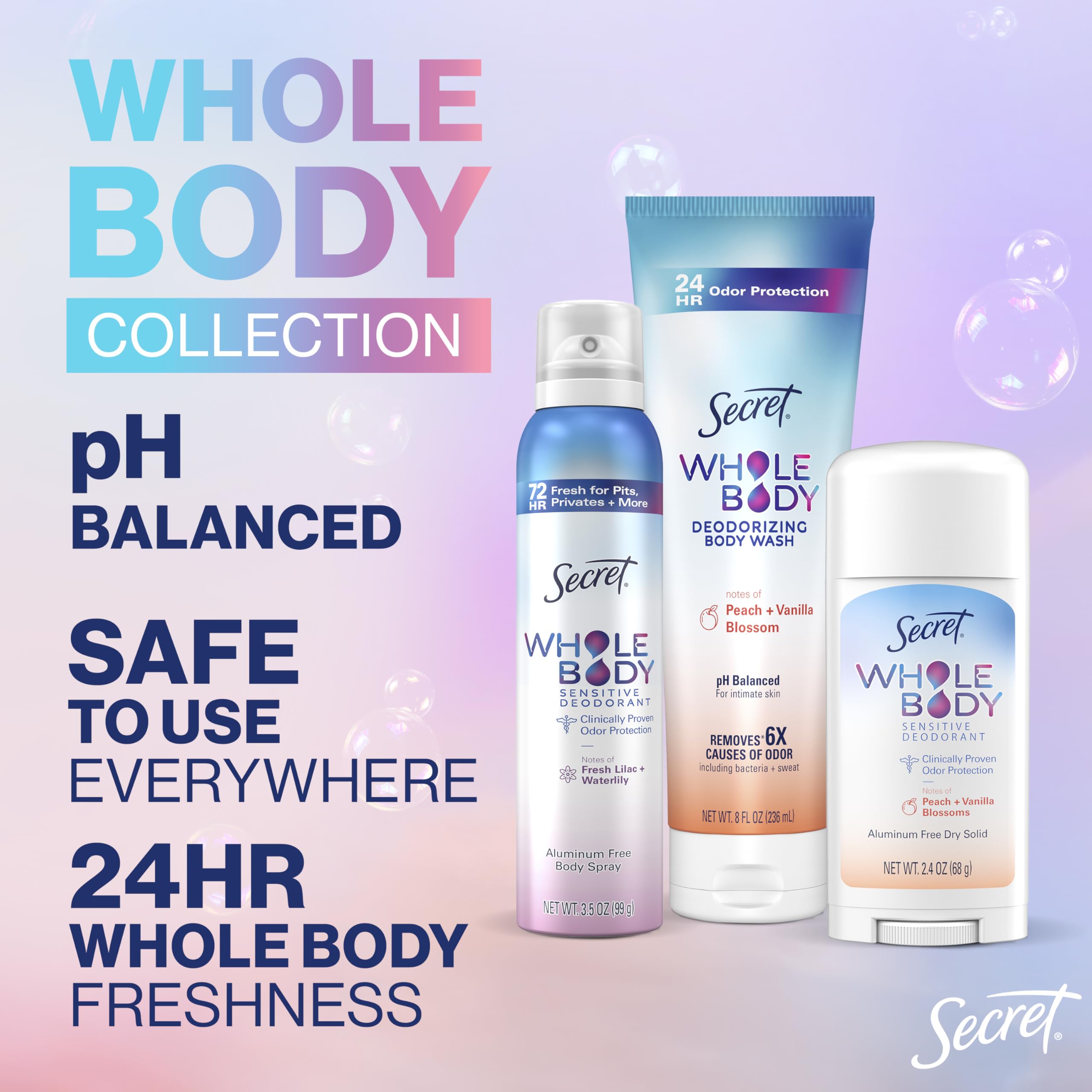 Secret PENDING Peach and Vanilla bottle shown with soft lighting for fresh daily use
