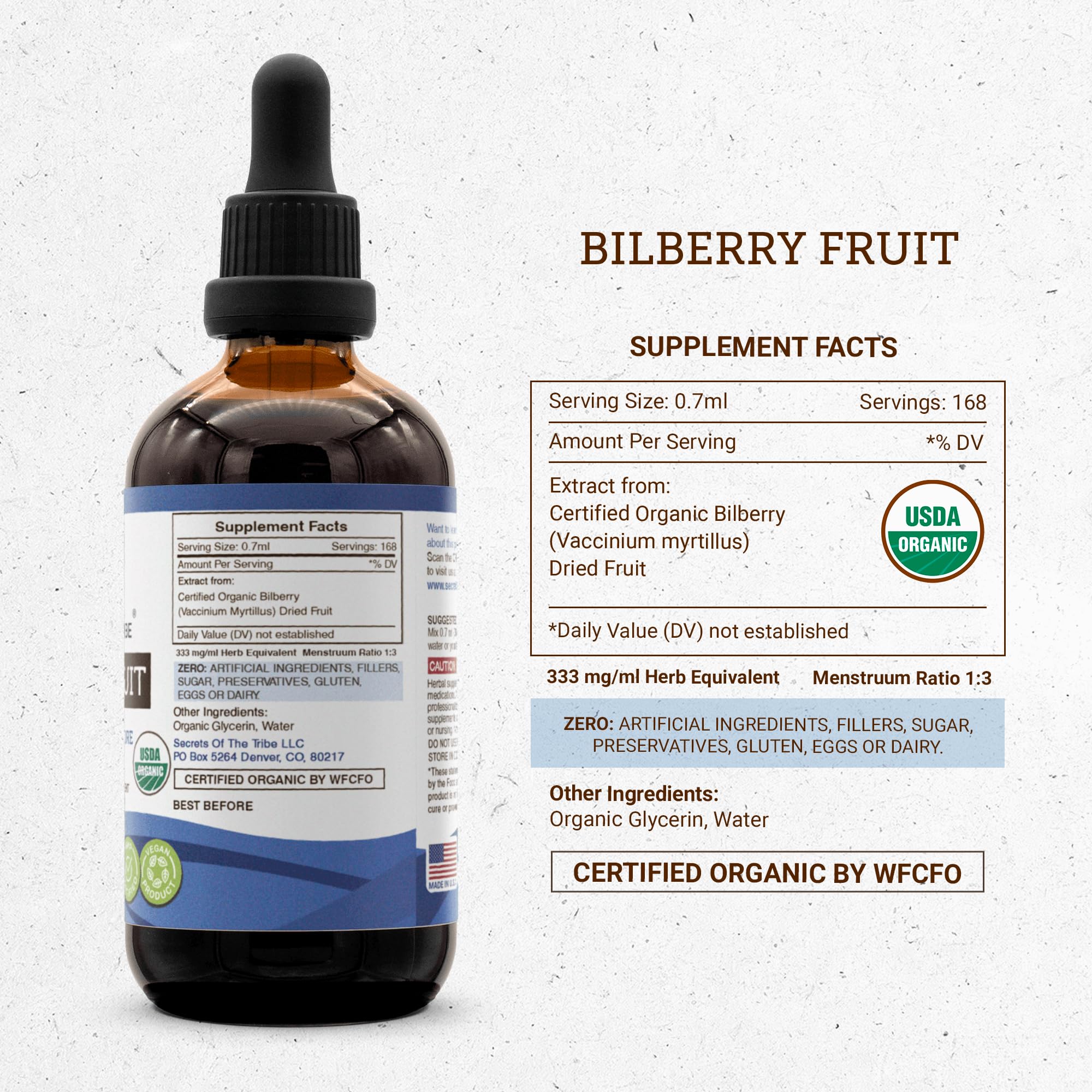 Secrets of the Tribe bilberry fruit label communicates 100% natural ingredients and organic origin.