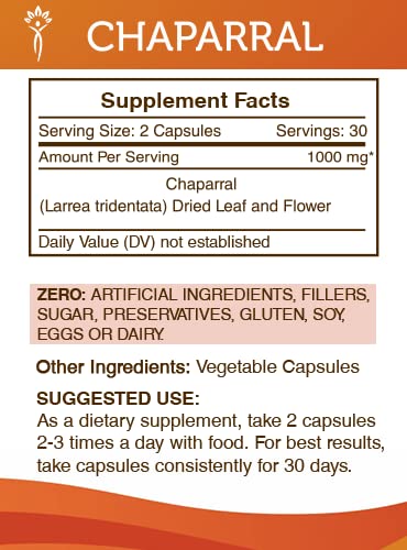 Secrets of the Tribe Chaparral capsules close-up highlighting 1000 mg per serving