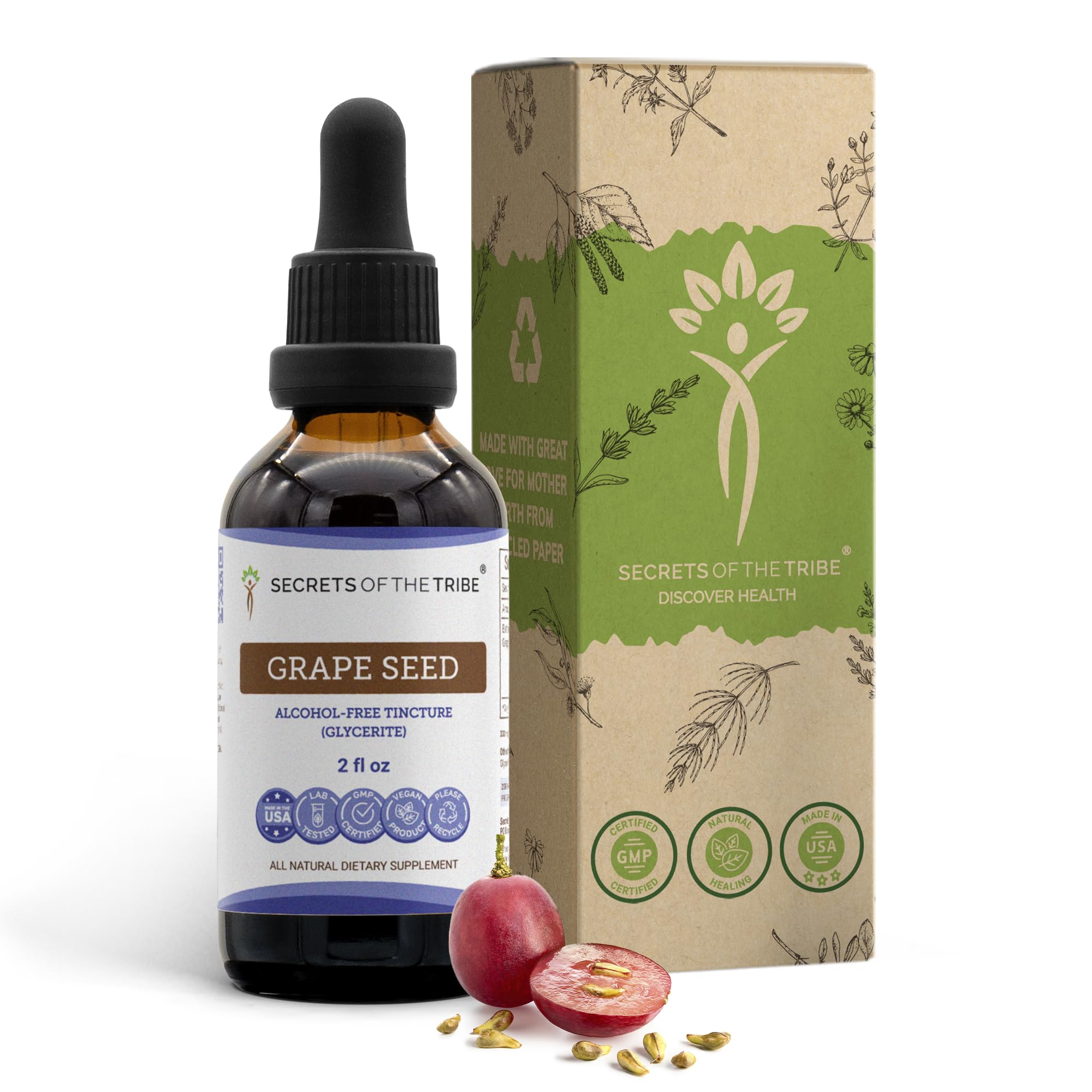 Secrets of the Tribe grape seed tincture bottle close-up for antioxidant use.