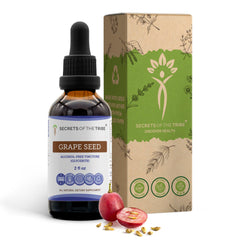 Secrets of the Tribe grape seed tincture bottle close-up for antioxidant use.