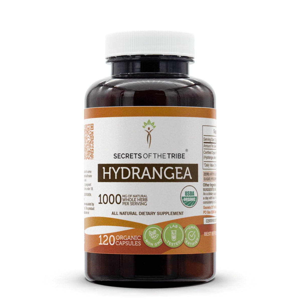 Secrets of the Tribe Hydrangea capsules bottle with USDA Organic certification for clean sourcing