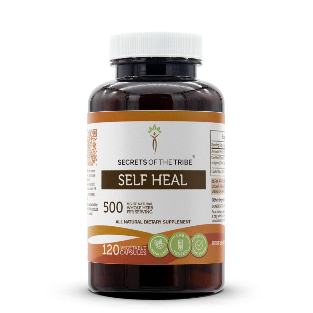 Secrets of the Tribe Self Heal bottle—veggie capsules for easy daily wellness.