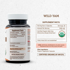 Secrets of the Tribe Wild Yam capsules on bottle, vegan wellness option.