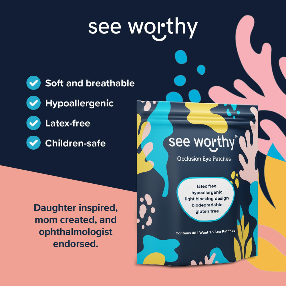 See Worthy Sea Eye Patch latex-free label indicating a skin-friendly choice