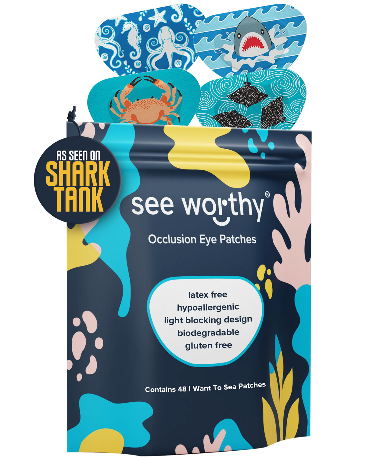 See Worthy Sea Eye Patch packaging highlighting breathable, skin-friendly material for all-day wear