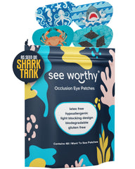 See Worthy Sea Eye Patch packaging highlighting breathable, skin-friendly material for all-day wear