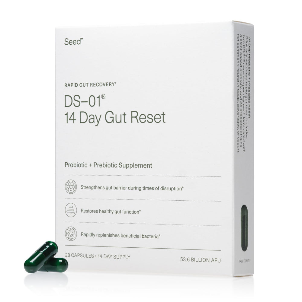 Seed 14 Day Gut Reset bottle front shows packaging for quick gut support in daily routine.