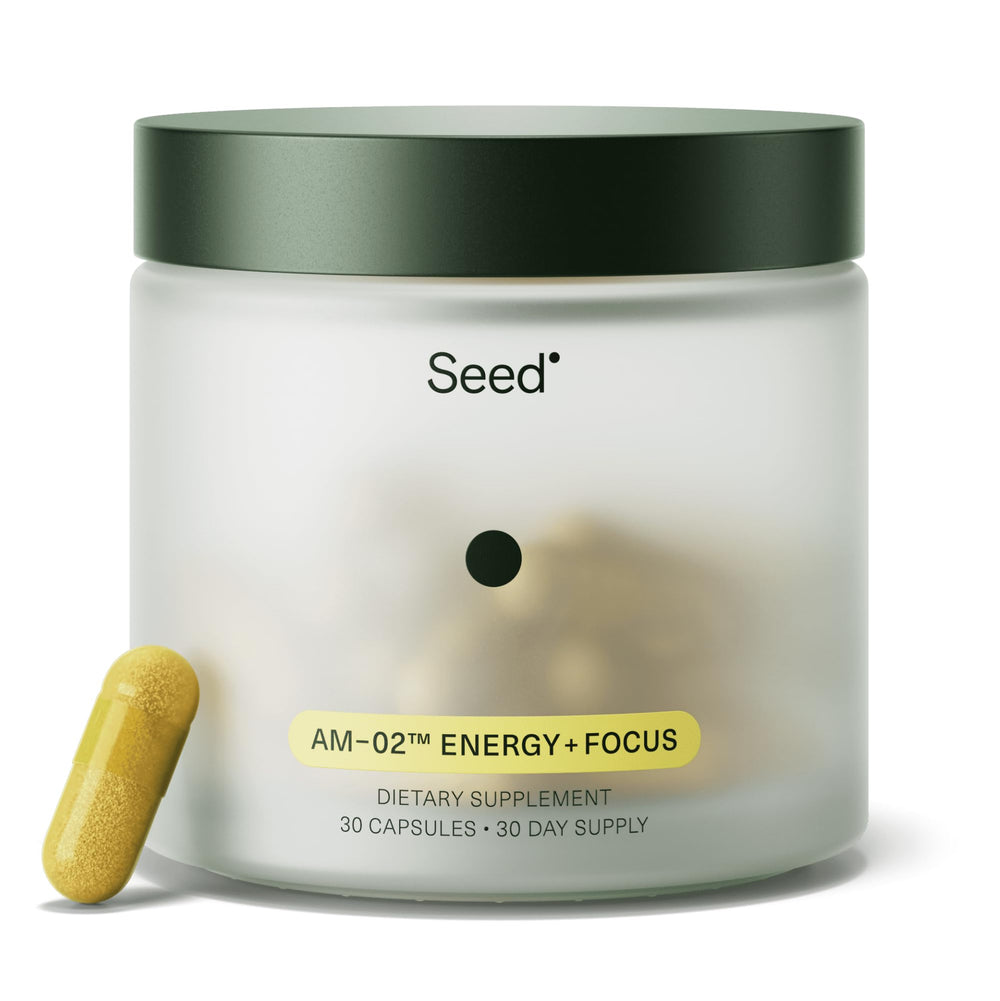 Seed AM-02 Energy Focus bottle front showing sleek packaging for lasting mental energy.
